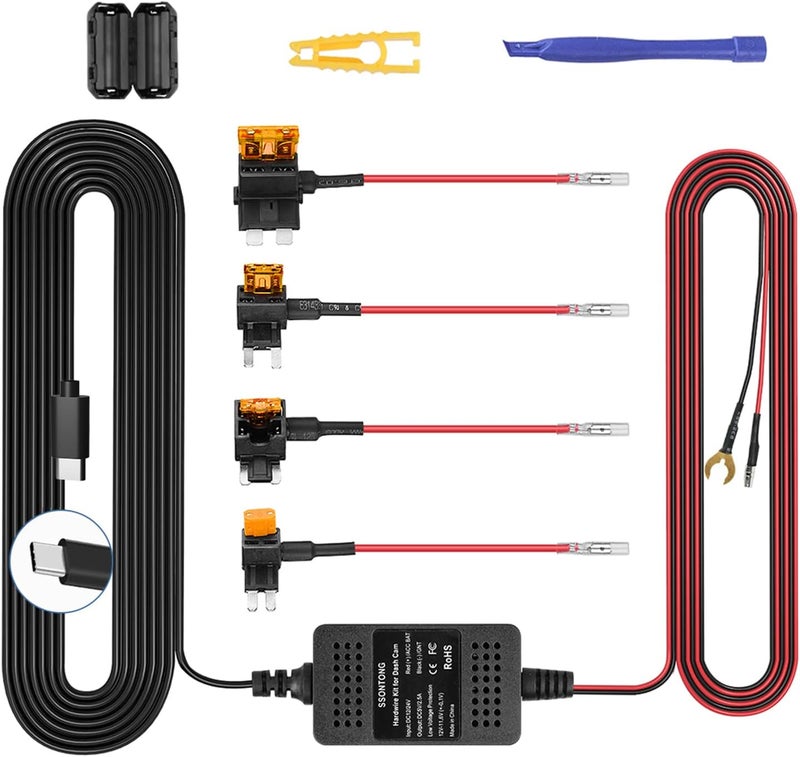 ssontong Upgraded Dash Cam Hardwire Kit, Type-C USB Hard Wire Kit 12V-24V to 5V Hardwire Kit with Low Voltage Protection 13ft Dash Cam Charger Power Cord for Dashcam GPS Power Supply Radar Detectors and More - Image 1